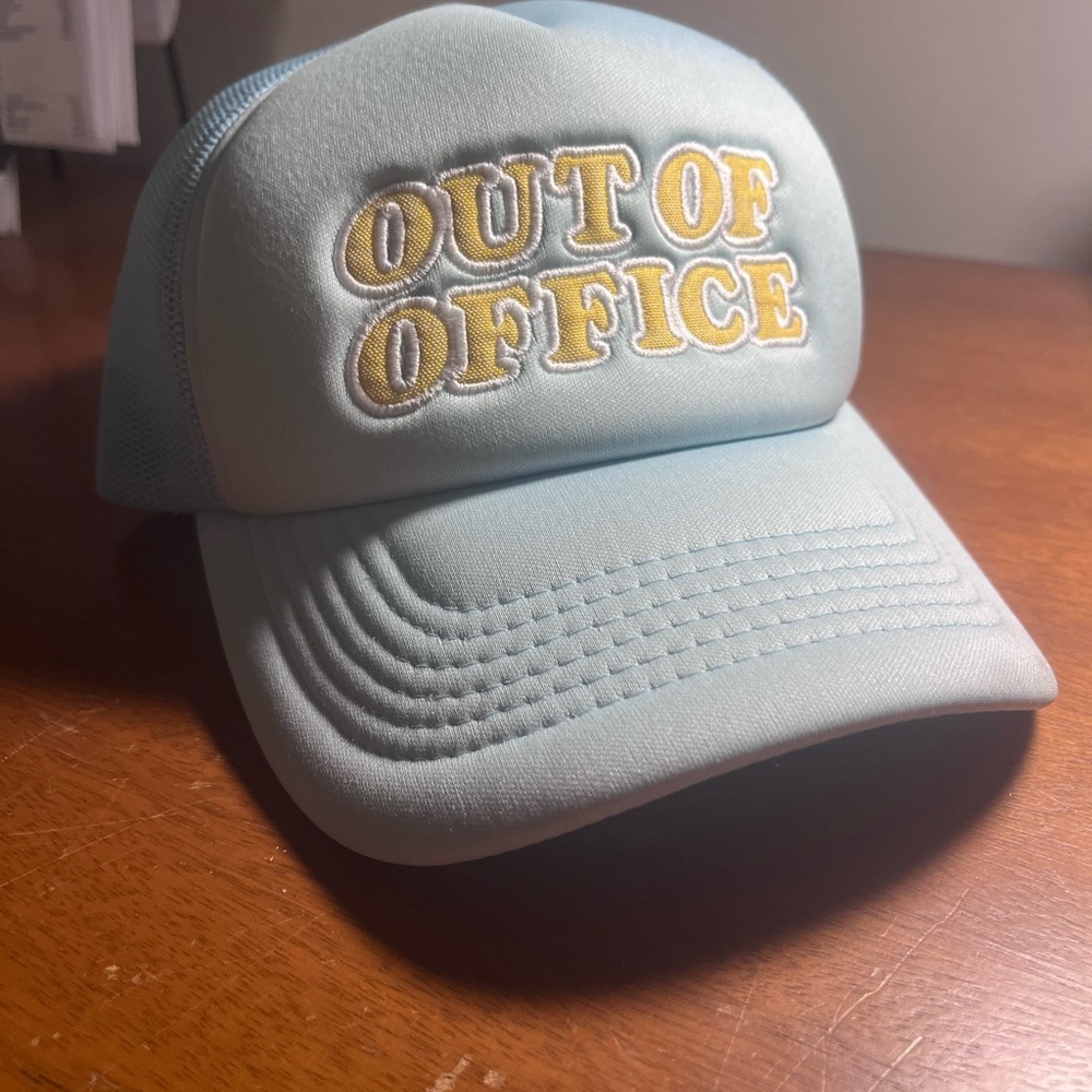 Kirklands Light Blue 'Out of Office' Trucker Hat with Yellow Embroidery